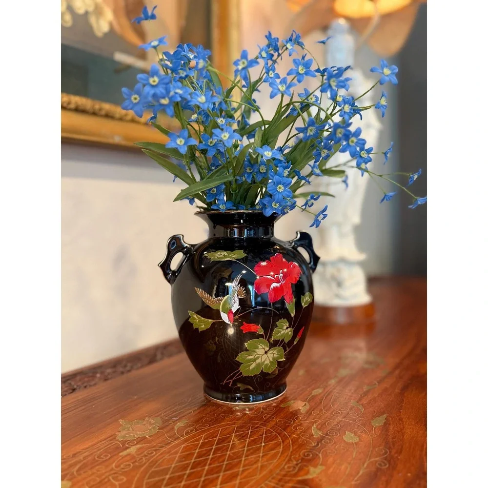 Vintage Japanese Black Ceramic Vase Hummingbird & Red‎ Blossom Motif